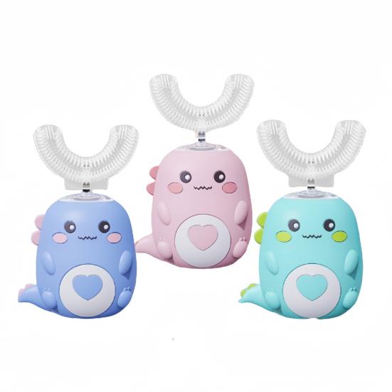 Kids U-Shaped Ultrasonic Electric Toothbrush with 2 Silicone Brush Heads IPX7 Waterproof Automatic Cartoon Dinosaur Toddlers Boys Girls Rechargeable