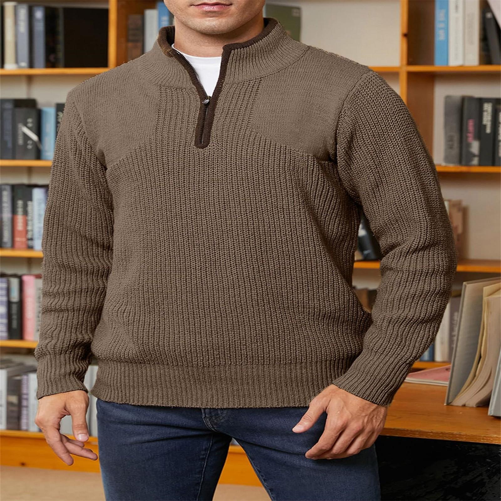 

Осенне-зимний мужской свитер с полумолнией и воротником-стойкой, однотонная рубашка с длинными рукавами в деловом повседневном стиле, теплый свитер XL кофейный