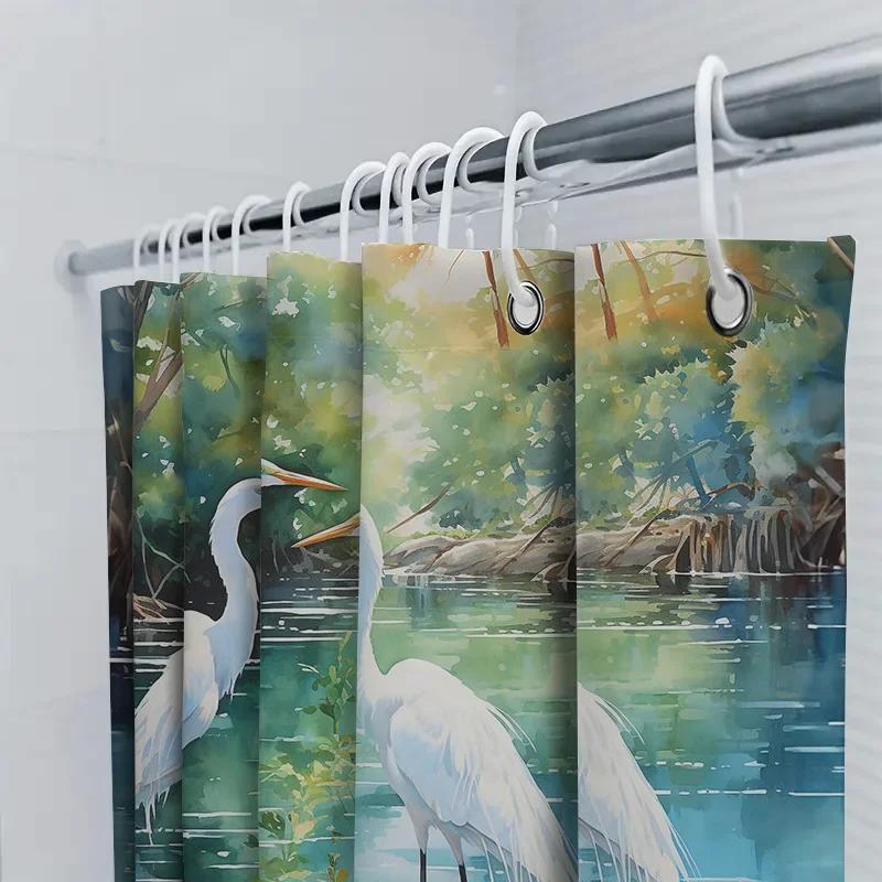 Watercolor Birds Bathroom Shower Curtain White Pelicans Swamp Print Home Decor Waterproof Fabric Shower Panel Suitable For Ba