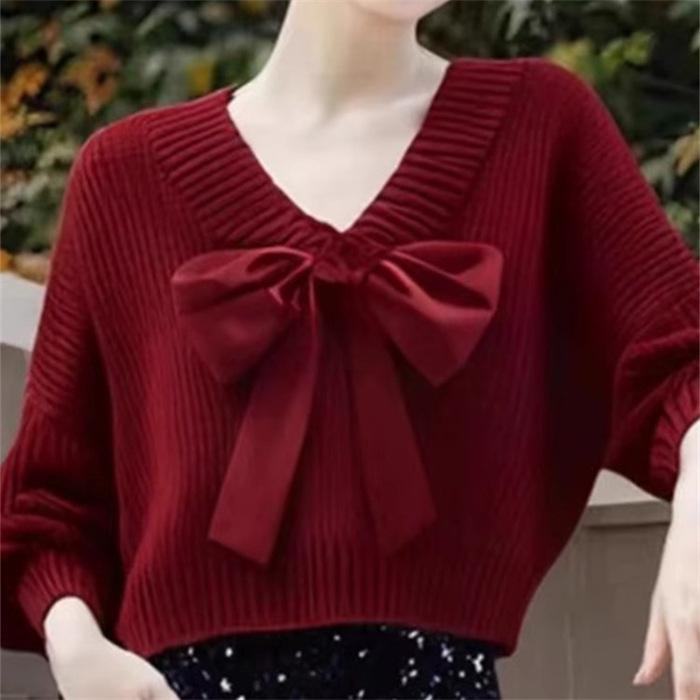 New 2024 Arctic Velvet V-neck Bow Knit Sweater - Soft, Comfortable Acrylic Nylon Top