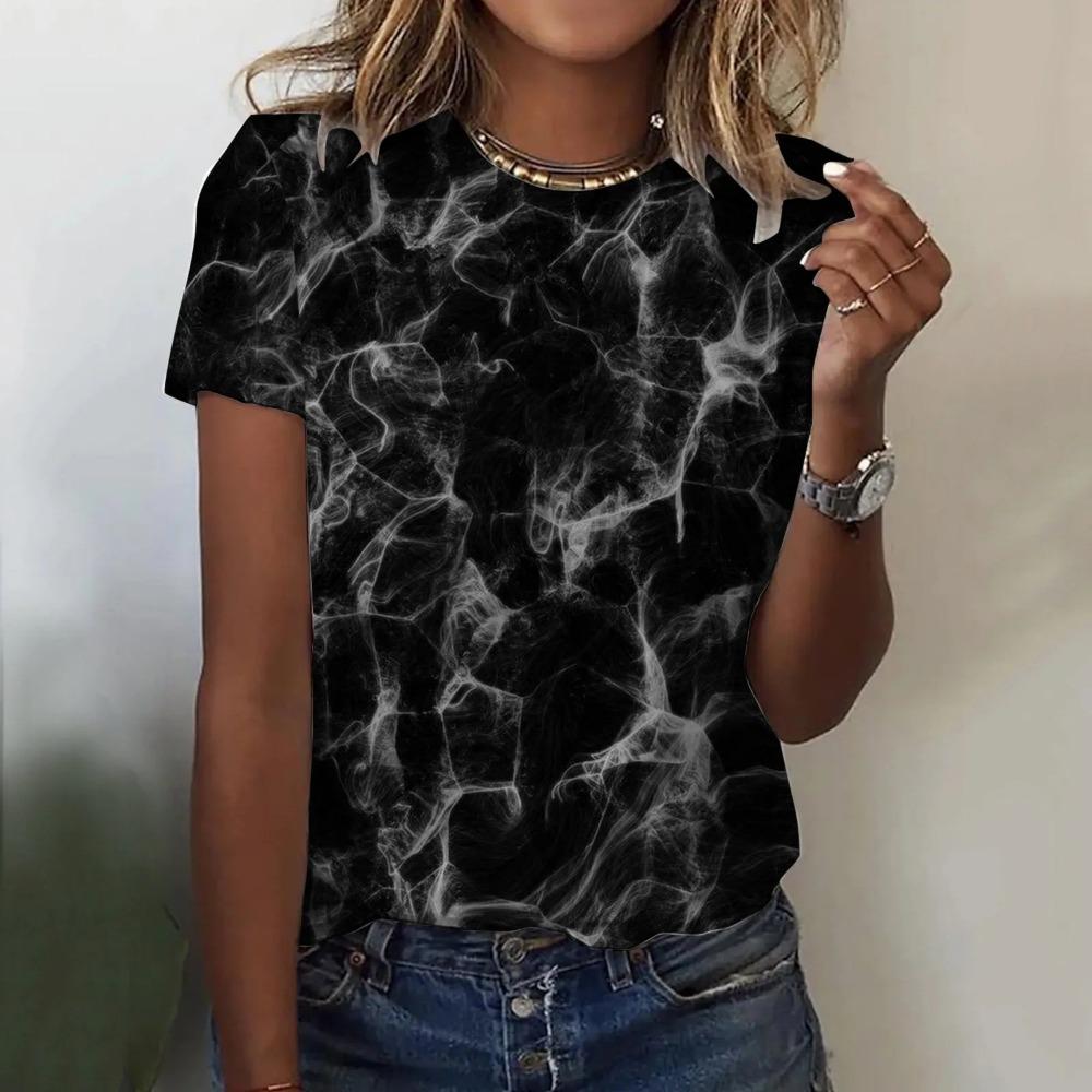 Fashion Women's Printed Basic Shirt Round Neck Short Sleeve High Neck Fashion T-shirt Polyester Fiber Round Neck Short Sleeve