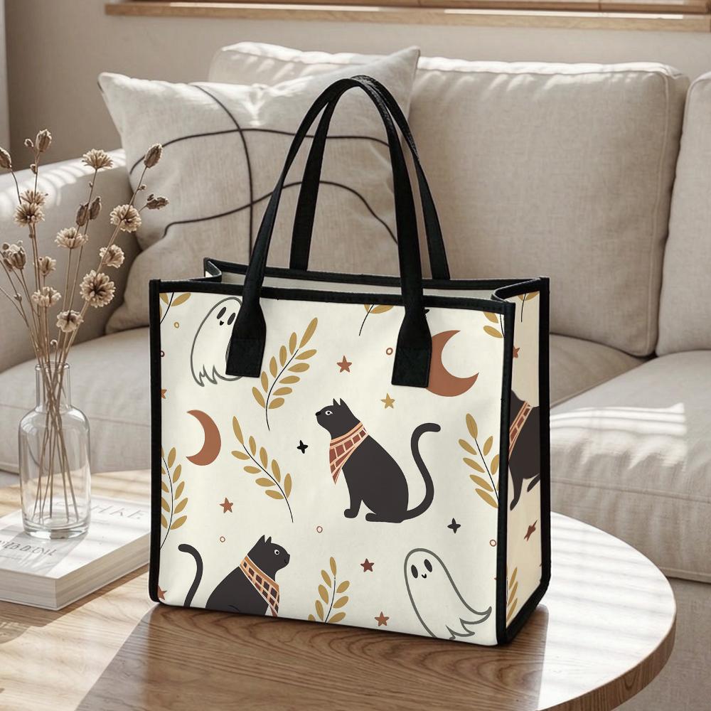Halloween Cute Cat Ghost Printed Tote Bag Portable Casual Daily Shoulder Handbag
