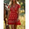 Women's Boho Floral Print V Neck Wrap Short Sleeve Ruffle Hem Mini Dress