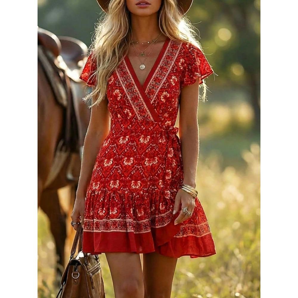 Women's Boho Floral Print V Neck Wrap Short Sleeve Ruffle Hem Mini Dress