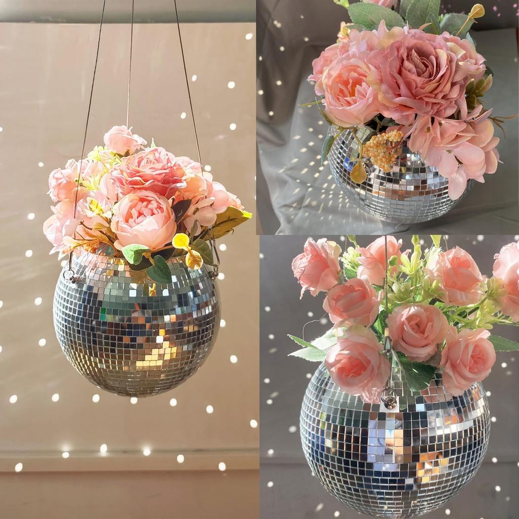 6inch Disco Ball Hanging Plant Pots,Plant Disco Ball Silver Mirror Disco Planter with Chain Hook for Indoor Outdoor Decor and Wooden Stand for