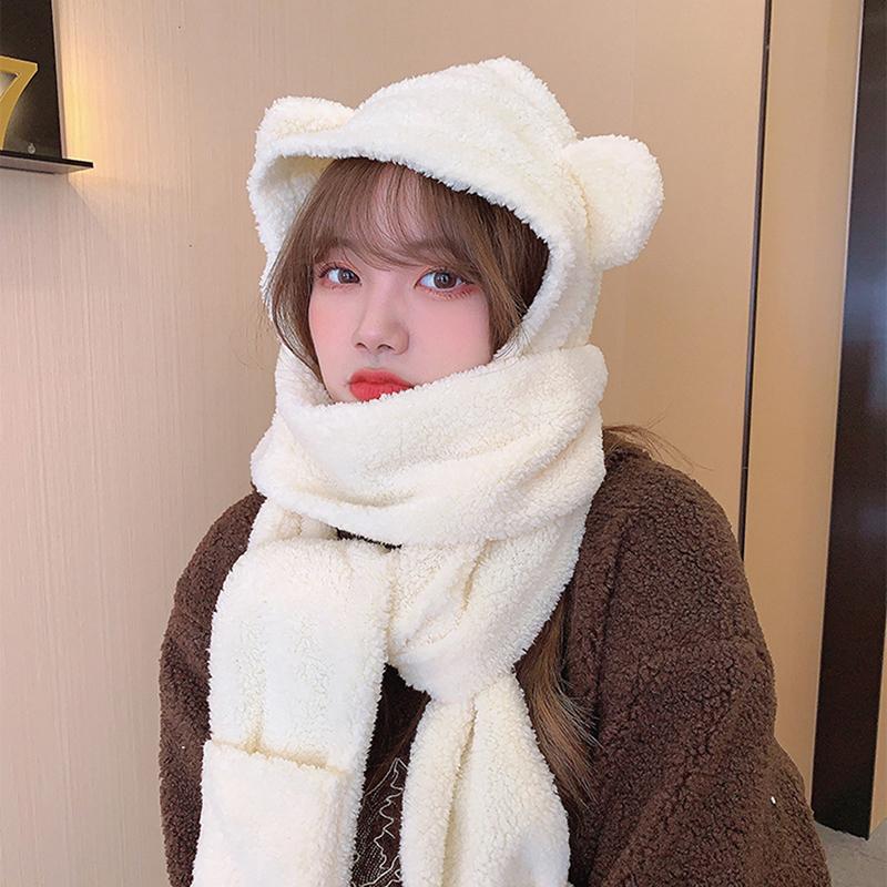 1Pc Cute Bear Ear Hat Scarf Gloves 3-In-1 Winter Warm Hedging Cap Women Windproof Plush Hat Scarf