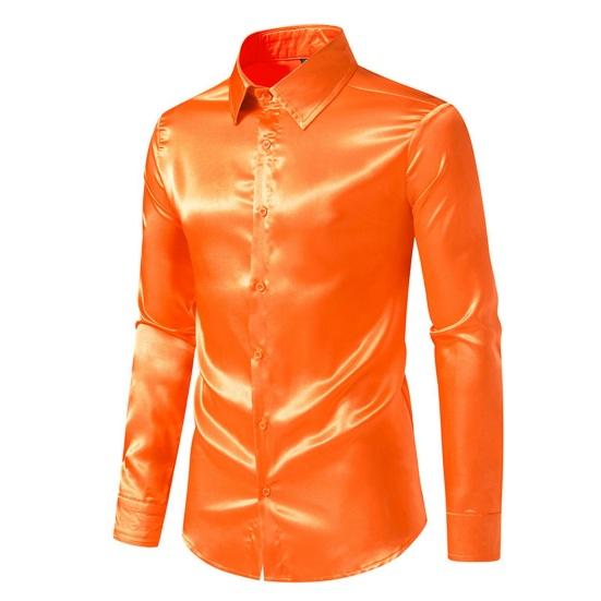 Men Shirt Lapel Long Sleeve Single Breasted Shirt Tops Pure Color Glossy Design Smooth Satin Shirt Versatile Daily Wear