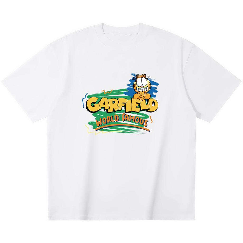 Garfield """FAMOSO IN TUTTO IL MONDO""" T-shirt a maniche corte con stampa di lettere "WORLD FAMOUS", Marchio Streetwear Americano Cotone Pesante Vestibilità Larga Oversize Top per Coppia