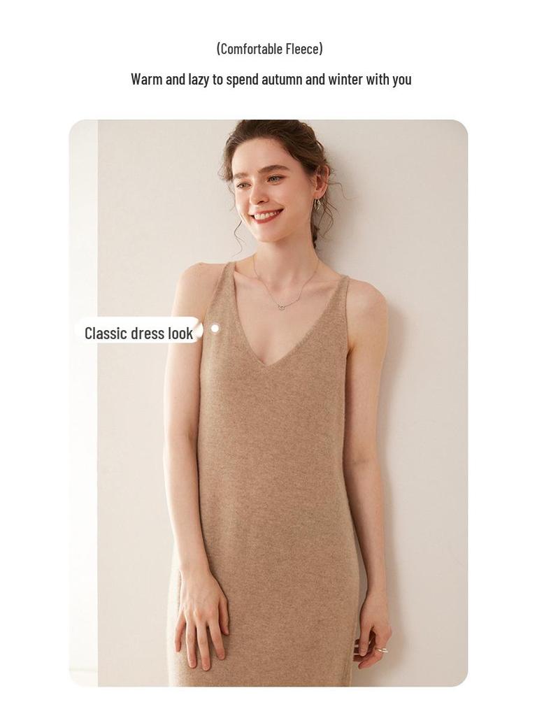 Elegant Korean-Style Knitted Cashmere Dress - Strappy, Slimming, and Luxurious Fashion Staple