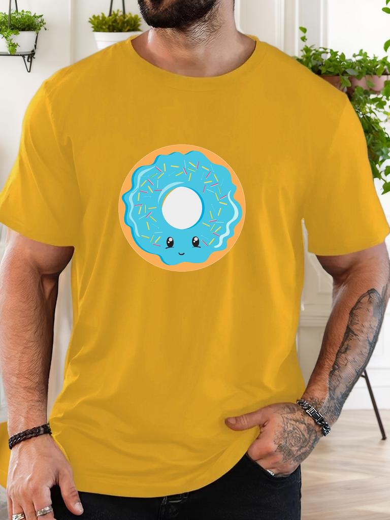 Unisex Yellow Crew Neck Tee Cute Blue Glaze Donut Cartoon With Color Sprinkles Sweet Dessert Soft Cotton Male Casual Short Tops