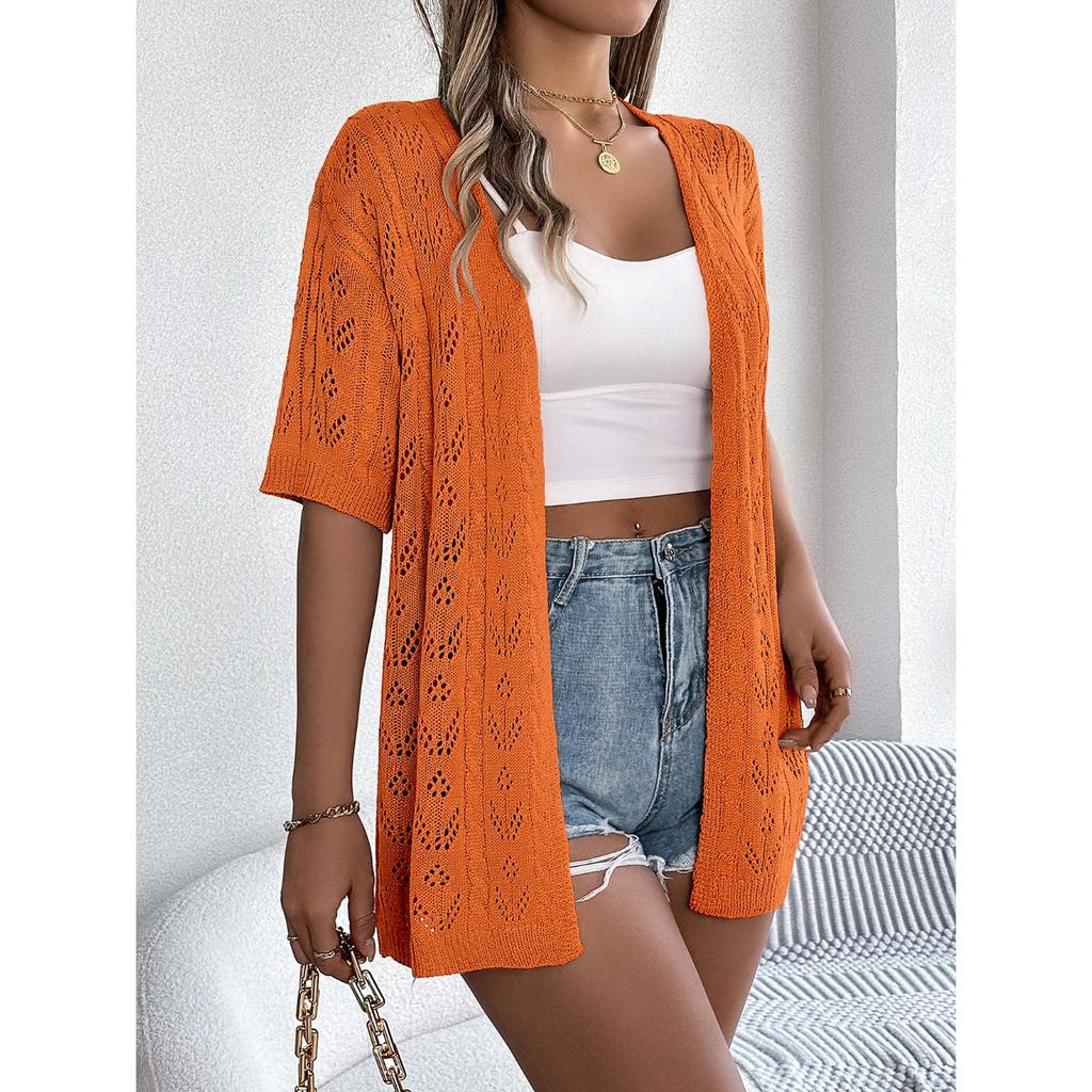 GMXIA Spring Summer Cut-out Short-sleeved Knitted Cardigan for Vacation Sun Protection Women's Wear