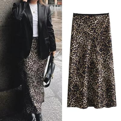 Woman Leopard Print Satin Skirt Bow Vintage Midi Skirt Elegant Long Skirts For Women Fashion Women's Skirts