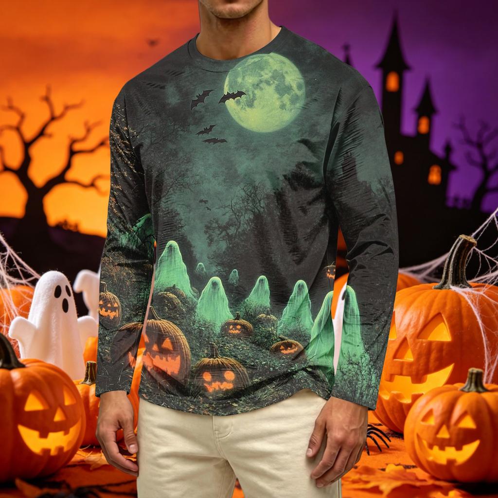 Men's Long Sleeve Casual T-Shirt Crew Neck Printed Halloween Pumpkin Pattern Top Comfortable Fit Lightweight Fabric