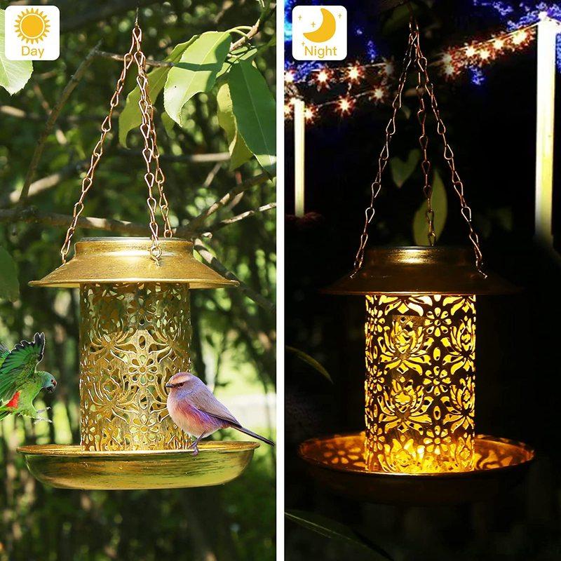 Solar Bird Feeder Metal Outdoors Hanging Bird House with Light Gift Ideas for Bird Lovers Outdoor Garden Backyard Decoration