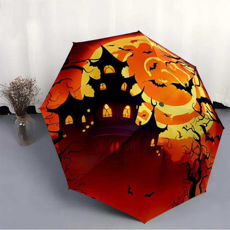 1pc Halloween HauntedHouse Automatic Umbrella - 8-Rib Portable Folding Black Iron Frame for Outdoor, Beach,Travel, Beach Umbrella,