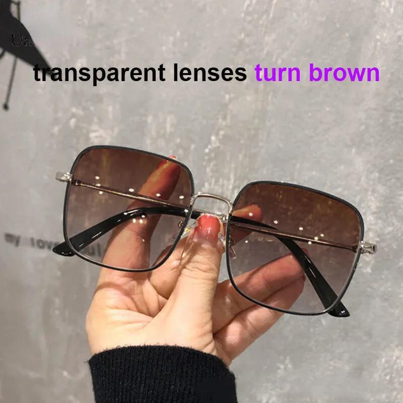 

0~-600 Nearsighted Color Changing Eyeglasses Women Diamond Studded Extra Large Rectangular Anti Blue Light UV-proof Finished Glasses with Deg -3.0