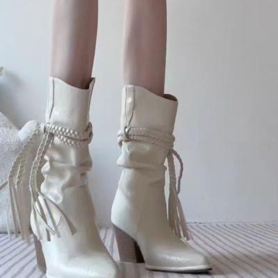 Stiefel Damen Neue Quaste Hanfseil Martin Stiefel Spitz Zehen Dicke Ferse Pile Stiefel Western Cowboy Stiefel
