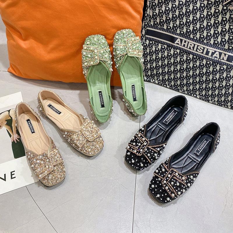 Designer Glitzer Kristall Perlen Ohrstecker Ballettschuhe Damen Quadratische Zehenpartie Loafer Gemütliche Flache Ballerinas Mokassins