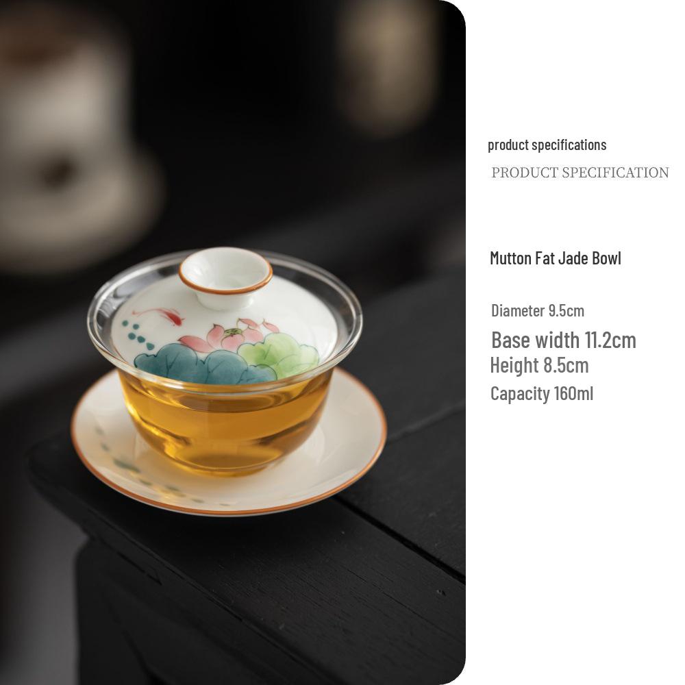 Chinese Hand-Painted Gaiwan Tea Set with Borosilicate Glass and Mutton Fat Jade White Porcelain
