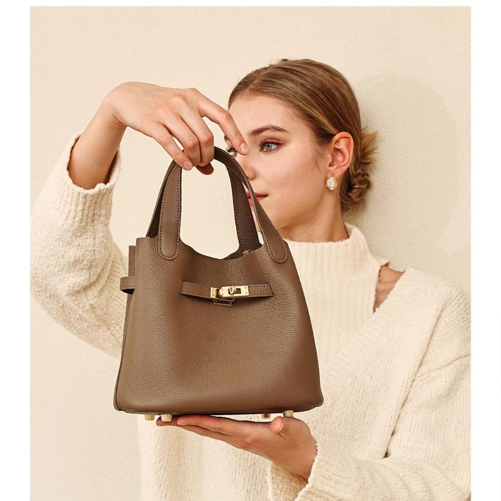 Real Leather Women's Bag, New Lychee Patterned Vegetable Basket Bag, Single Shoulder Crossbody Bag, Women's Armpit Bag, Water Bucket Bag