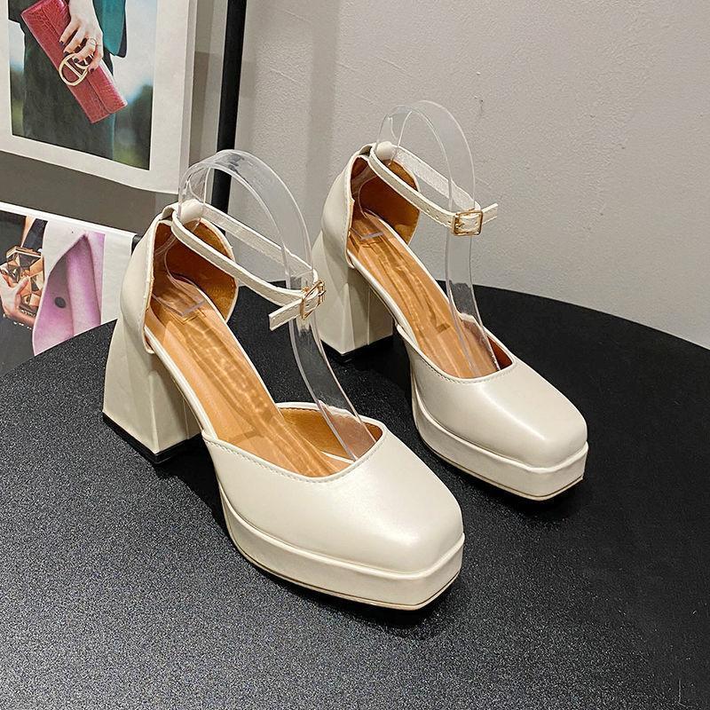 Large Size Women's Shoes 2025 Wide Fat Summer New Single Shoes Thick Heel High Heels Sandals French Mary Jane Small Leather Shoes