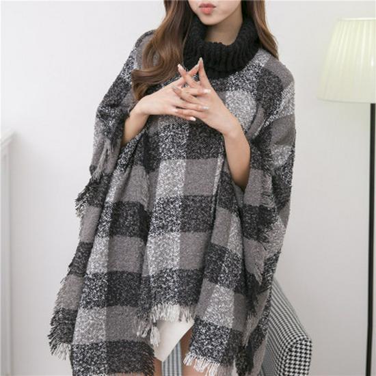 European and American High Neck Plaid Cape - Batwing Sleeve Knitted Pullover Shawl for Women