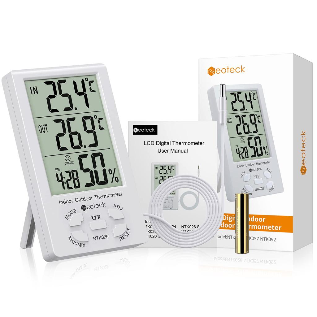 Neoteck With LCD Digital Temperature and Humidity for Home Heatstroke Warranty Thermo-Hygrometer ±1°C Accuracy, Sensor, Indoor/Outdoor Measurements,