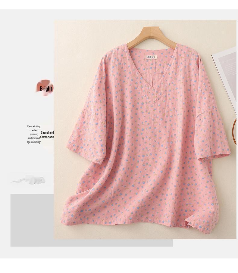 Summer Retro Floral Linen Pullover - Artistic Fresh Five-Sleeve Top