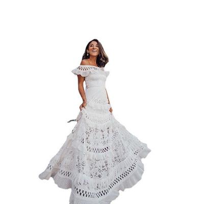 Women's Summer One Shoulder Ruffle Hollow Out Big Hem Lace Dress