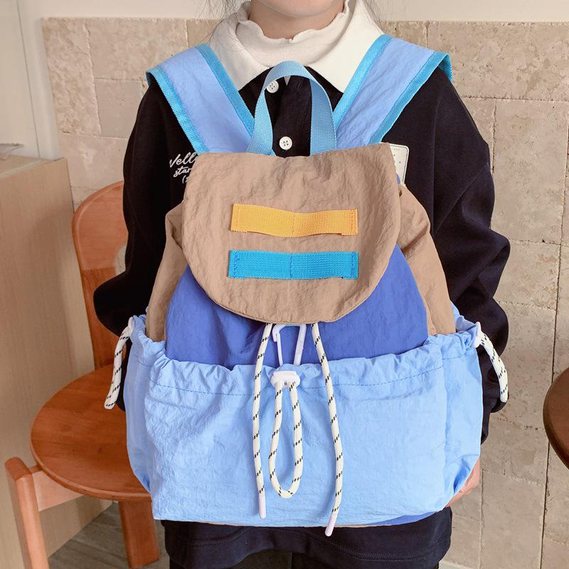 Kids' Lightweight Color Block Backpack: Large Capacity Kindergarten Bag with Drawstring for Boys and Girls