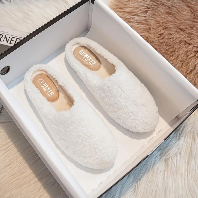Fashion Women's Lambswool Slippers, Sheepskin and Fur Shoes, Women's Flat Cotton Slippers, Slip-on Mules, Plus Size 43, Winter