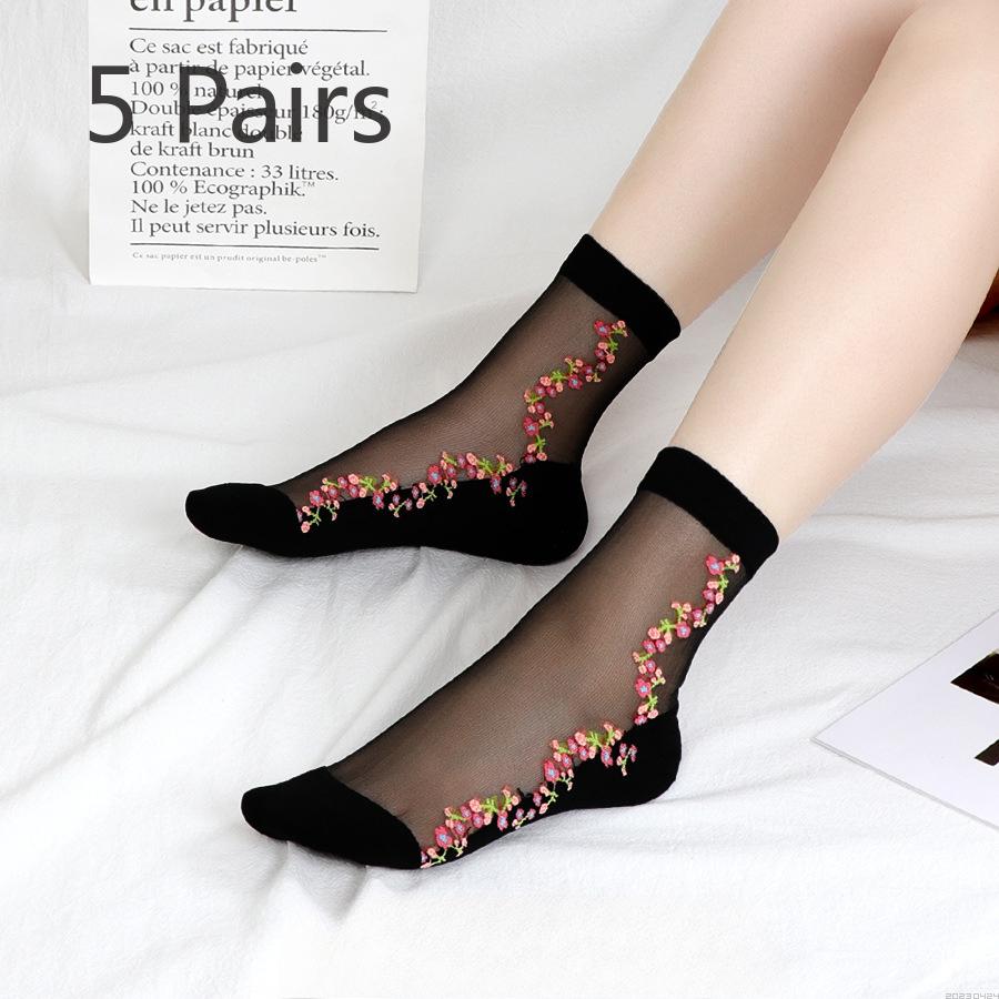 5 Paar Damen Frühling und Sommer Dünne Blume Anti Seide Klare Baumwollsohlen In der Röhre Socken