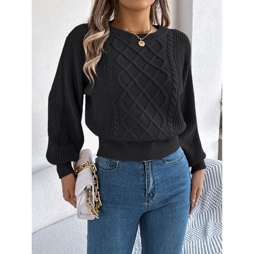 Women's Oversized Relaxed-Fit Solid-Colour Cable-Knit Long-Sleeved Tapered-Waist Pullover Sweater for Autumn/Winter Women's Knitted Sweater