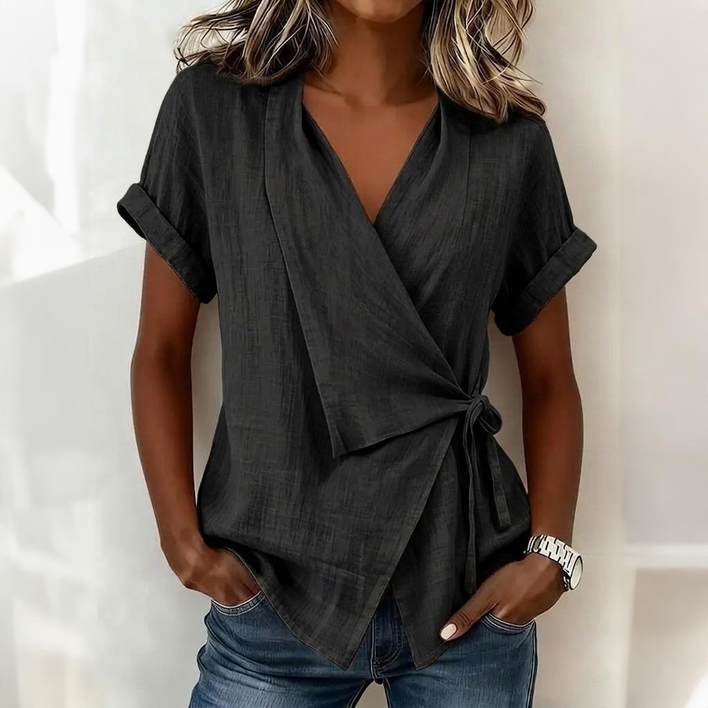 Women Short Sleeve V Neck Wrap Blouse Loose Fit Tie Front Irregular Hem Summer Casual Top