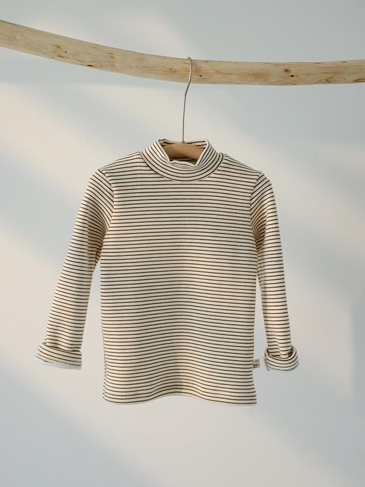Kids' Winter Striped Velvet-Enhanced Thick Warm High-Collar Long-Sleeve T-Shirt