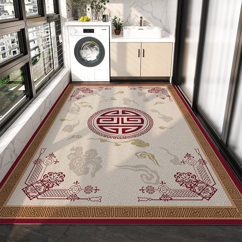 Balcony Waterproof Floor Mat Large Gray Carpet Pvc Leather Non-slip Rug New Chinese Style Retro Home Decoration Rugs for Kitchen