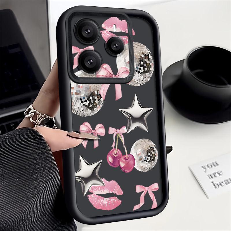 Cherry Bowknots Lips Disco Ball Pattern Case For Xiaomi Redmi Note 14 13 Pro 5G 4G 12 11 Funda Xiaomi 14T 13T 11T Pro Shockproof Bumper Silicone Cover