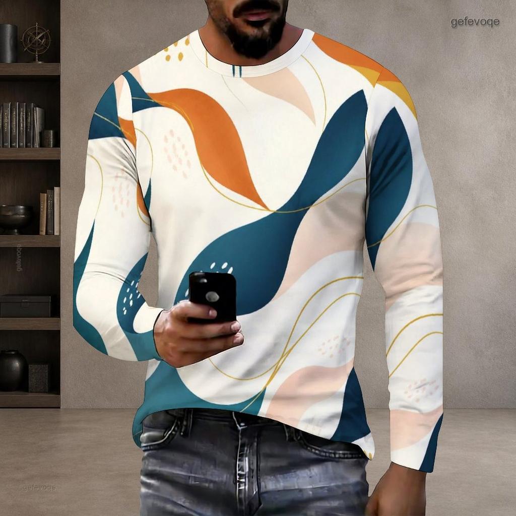 Men Plus Size Round Neck Long Sleeve Abstract Printed Casual Pullover T Shirt