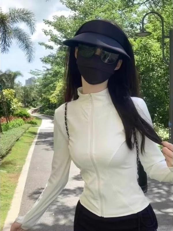 Women's Slim Fit Long Sleeve Sun Protection Running Jacket - White Stand Collar Fitness Outerwear