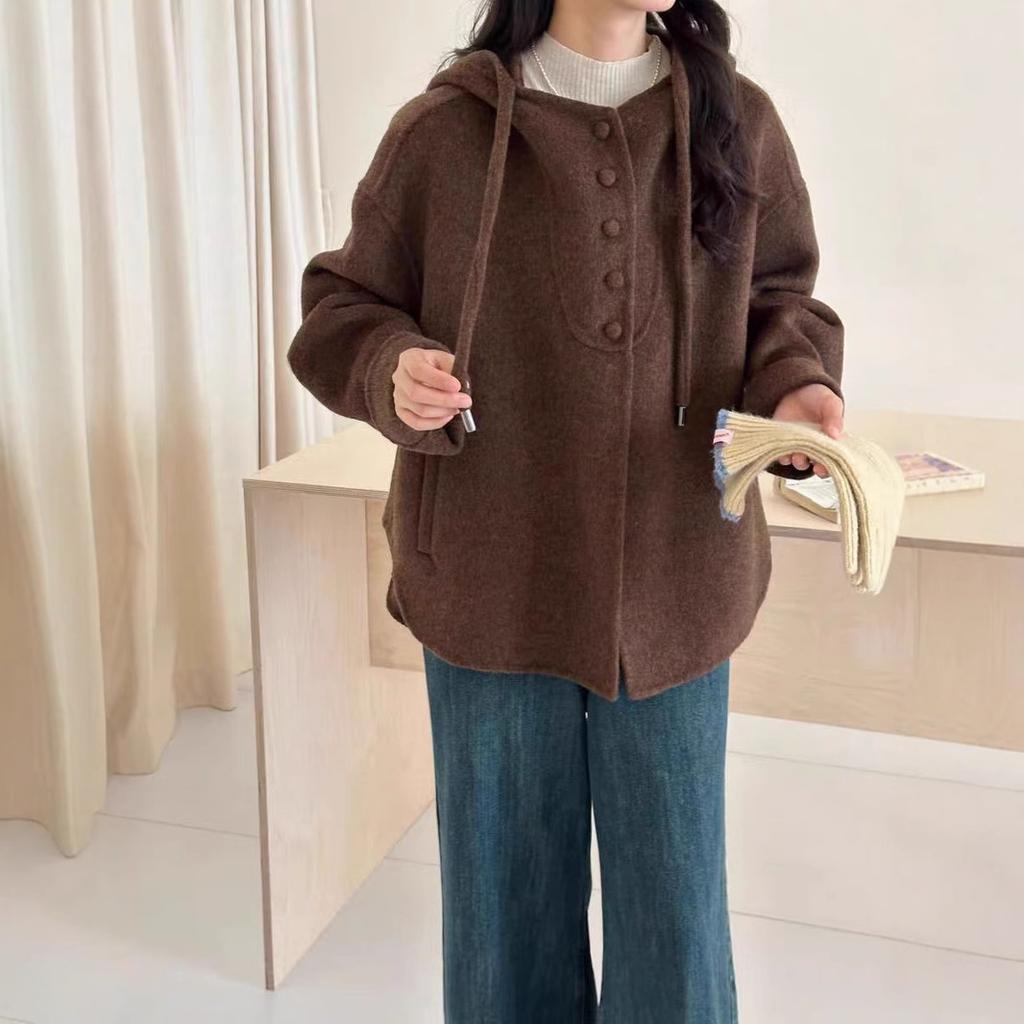 Stahovací šňůrka s kapucí, jednořadá, s více knoflíky, rukáv, oboustranný vlněný kabát, vlněný kabát pro ženy, aby se zahřály na podzim a v zimě