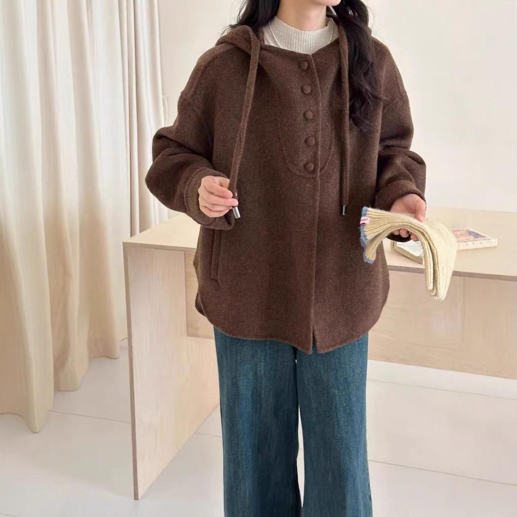 

Вовняне пальто з капюшоном на кулісці, однобортне, на декількох ґудзиках, з рукавами реглан, двостороннє, для жінок, щоб зігрітися восени та взимку M