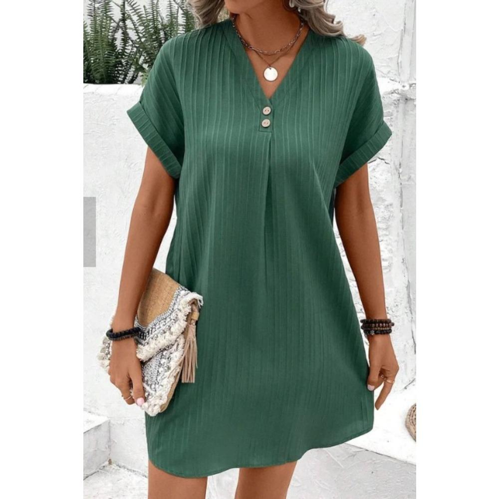 New Women's V-neck Solid Color Pullover Casual Button Dress