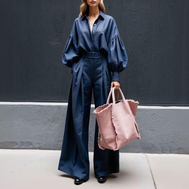 

Fashion Style New Arrival Fashion Casual Long Sleeve Shirt Wide Leg Pants Two-Piece Suit Shirt and Pants Set Blue L