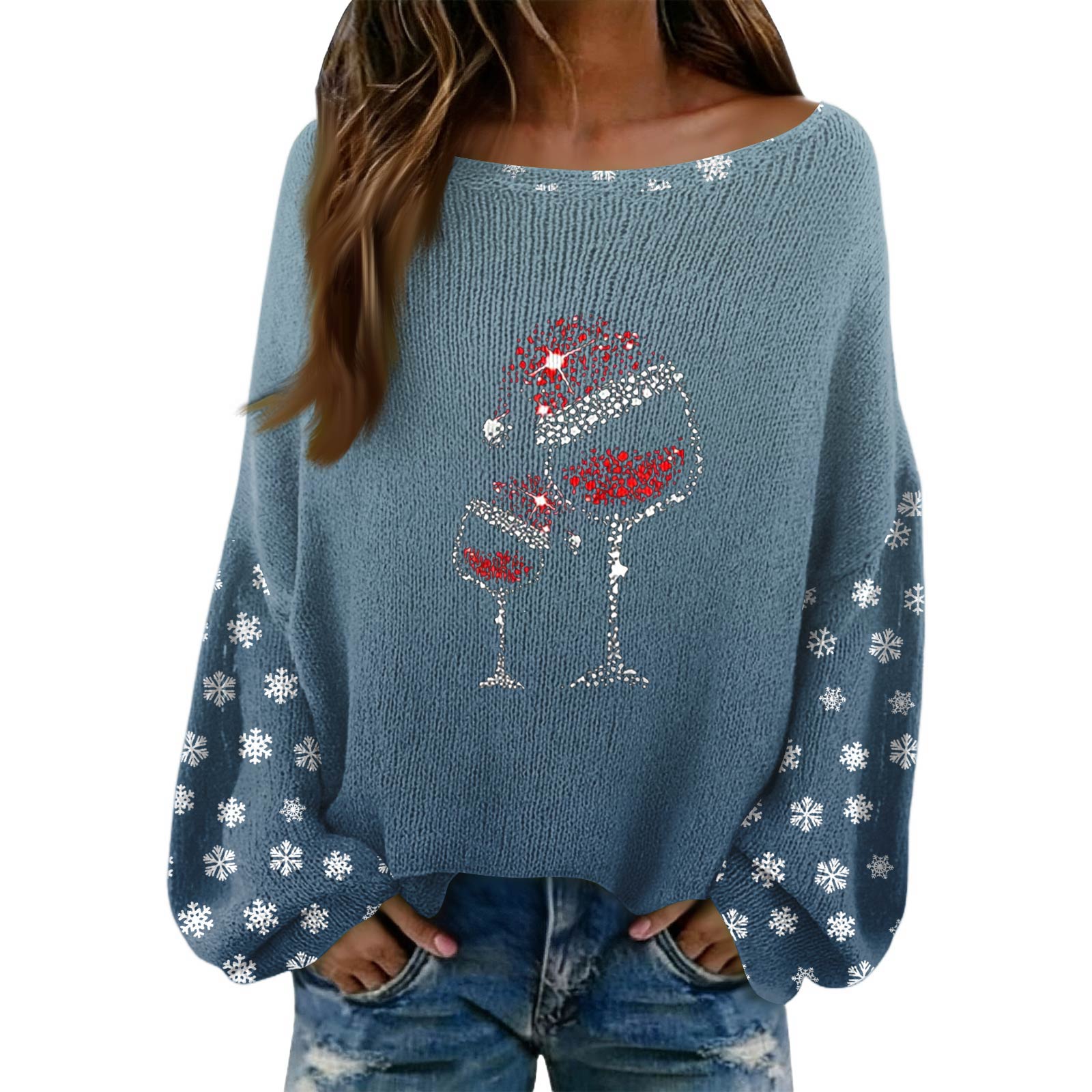 Women s Fashion Long Sleeved Elegant Sweater Top L синий