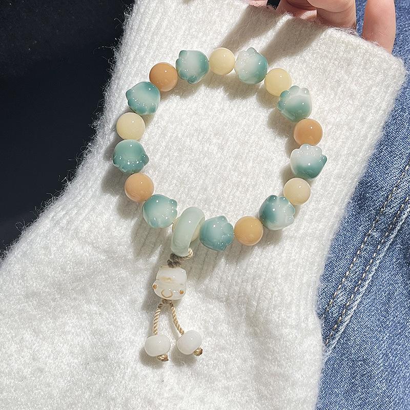 White Jade Bodhi Hand String Charcoal-Burned Little Cat Paw Single Circle Handheld Buddhist Beads Bracelet for Men and Women