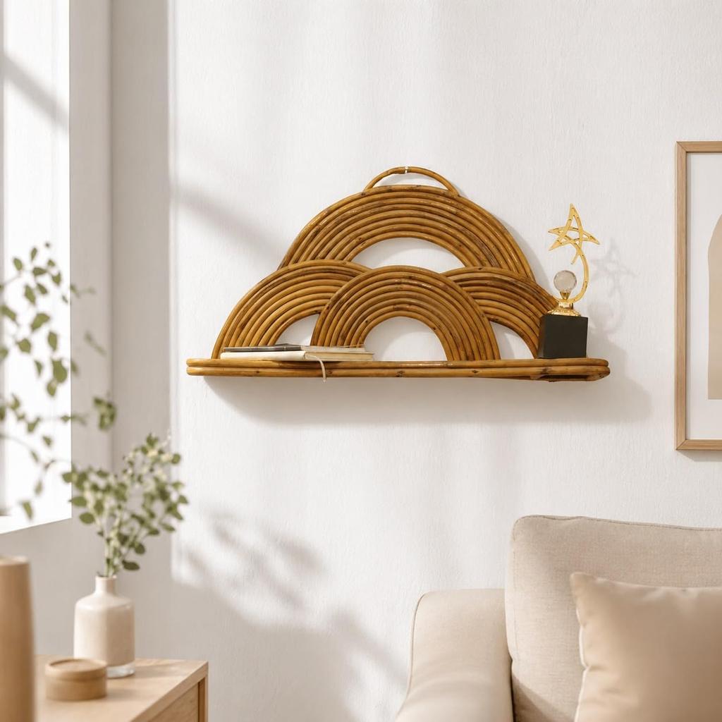 Eco Decx Boho Rattan Wall Shelf, Handmade Wooden Hanging Rack for Bedroom, Living Room & Office Decor, 68 x 20 x 38 cm