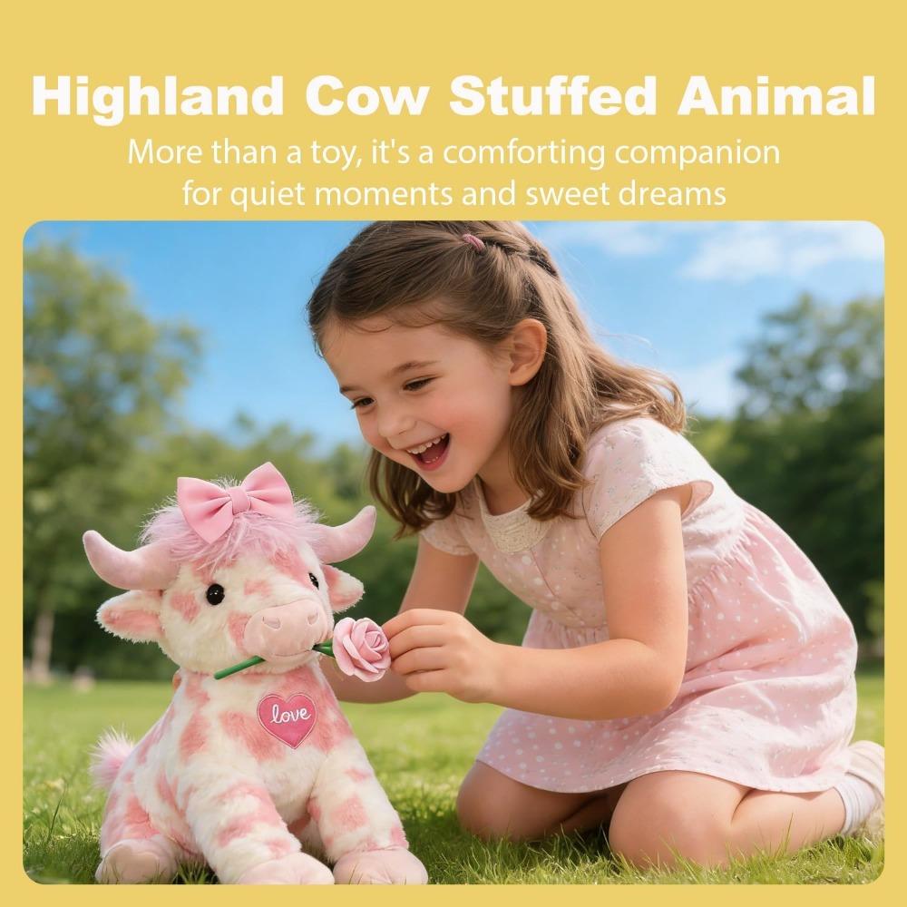 Pink Highland Cow Valentine's Day Gift, 2026 Upgraded Pink Highland Cow Plush Toy, 14-Inch Highland Cow Plush Toy