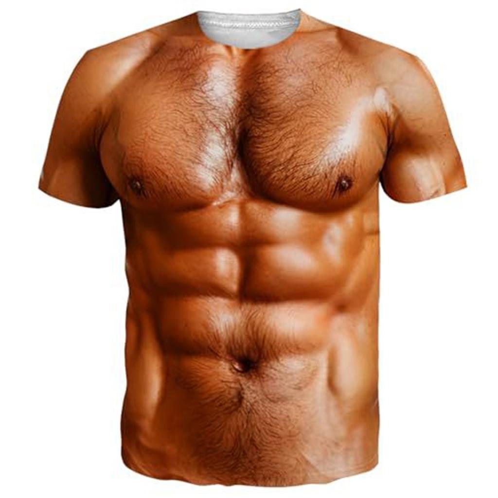 Lustiges Herren-Muskel-T-Shirt mit 3D-Brusthaaren und Sixpack-Print, Locker geschnittenes Scherz-T-Shirt