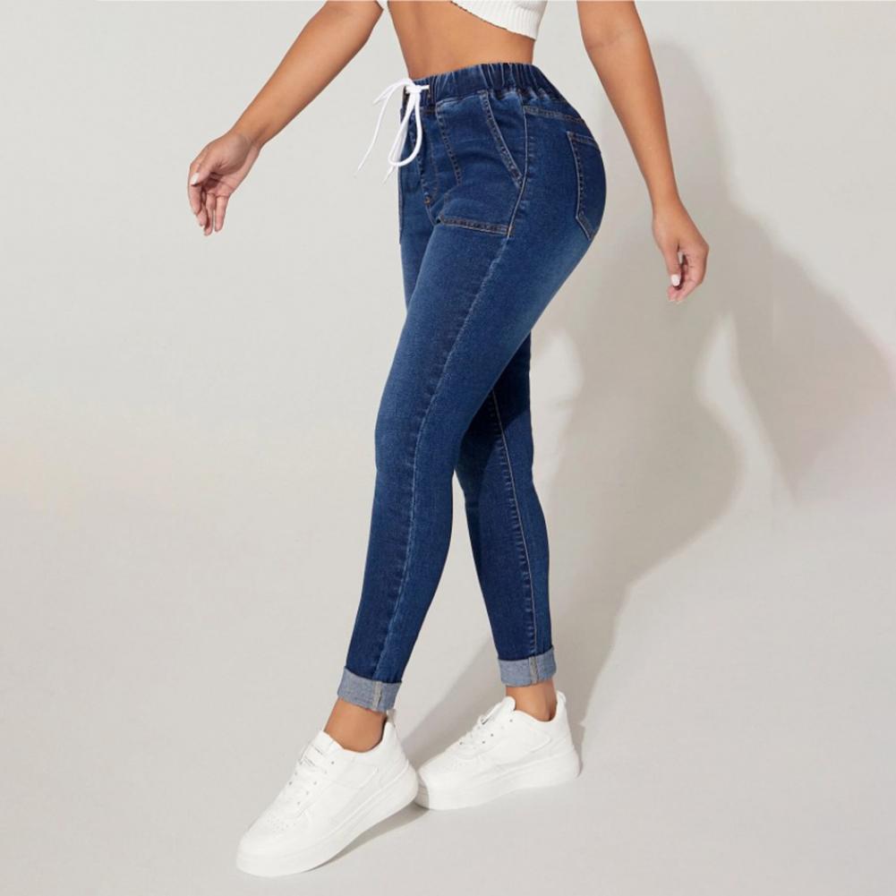 Damen Jeans mit hoher Taille und Kordelzug, Jeans für Damen, Herbstjeans, elastische Taille, Slim Fit, Stoff, stilvolle Damenhose