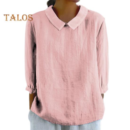 Women Shirt Doll Collar 3/4 Sleeve Pullover Tops Solid Color Loose Fit Thin Shirt Tops Casual Daily Wear
